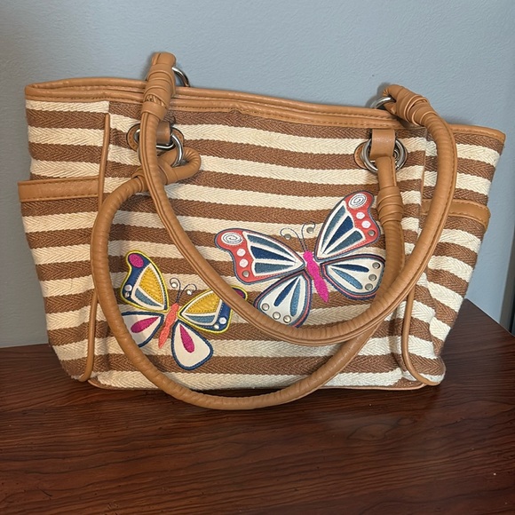 Butterfly Embroidered Striped Canvas Tote Bag Tan Brown Shoulder Handbag - Picture 3 of 11